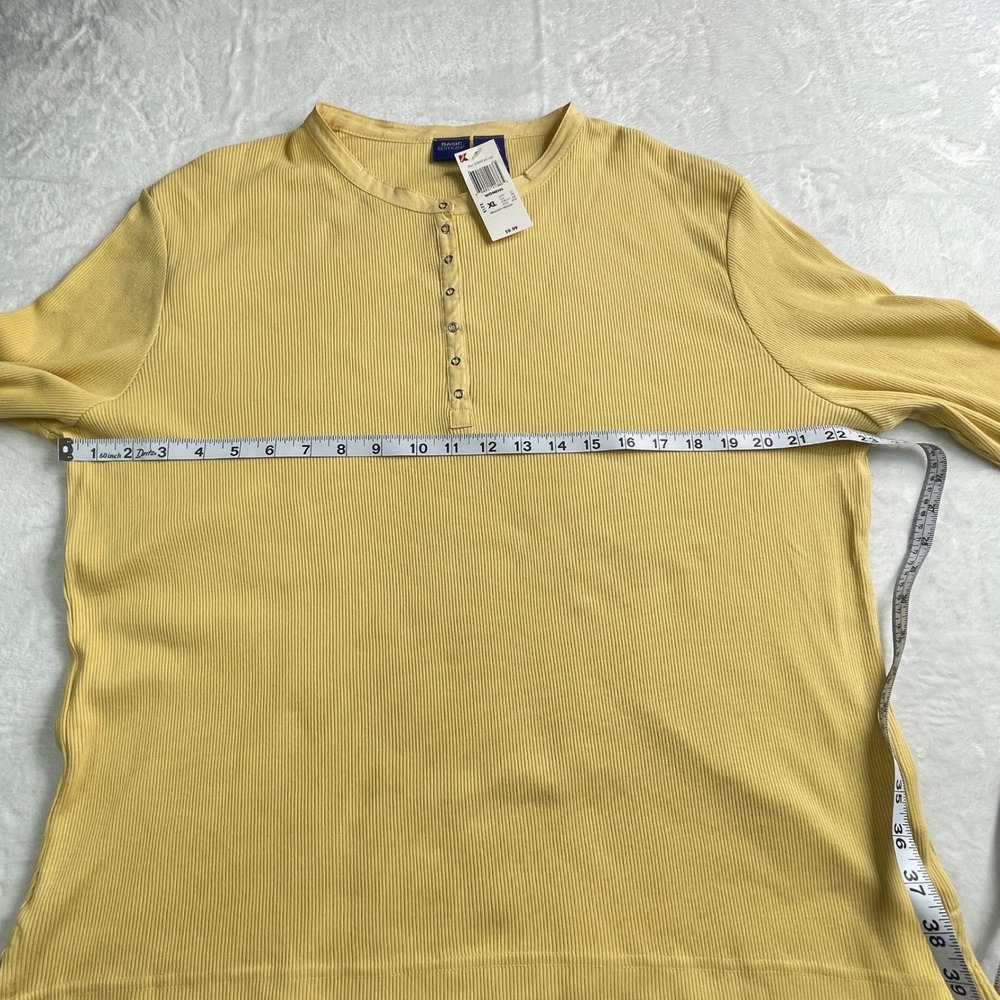 Basic Editions Womens XL Yellow Ribbed Relaxed Henley Long Sleeve Cotton Top NWT